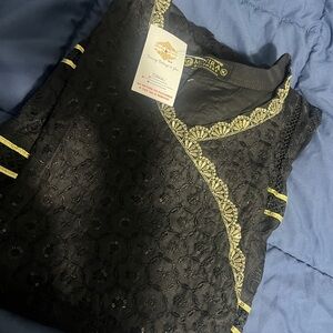 Embroidered Black Maxi Dress with Gold Trim